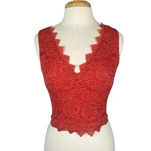 Lace Overlay Fitted Stretchy Crop Tank Top Womens Large Pumpkin Spice Orange